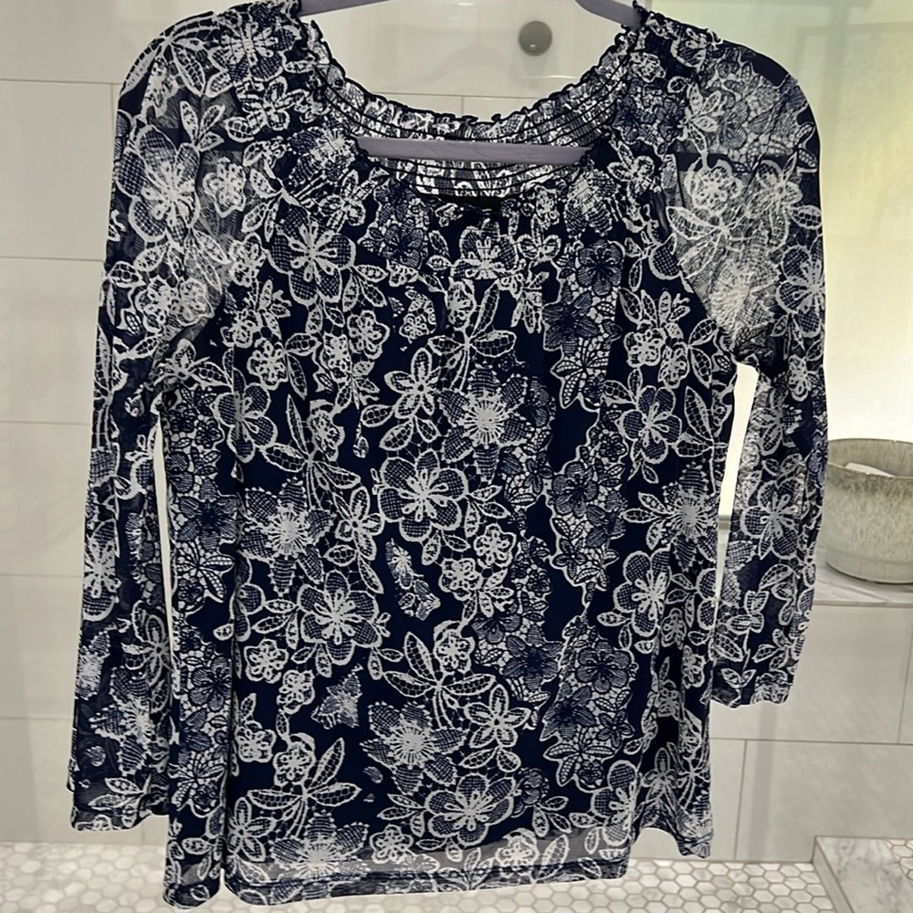 Beautiful, navy blue and white, sheer sleeves elastic collar with liner inside